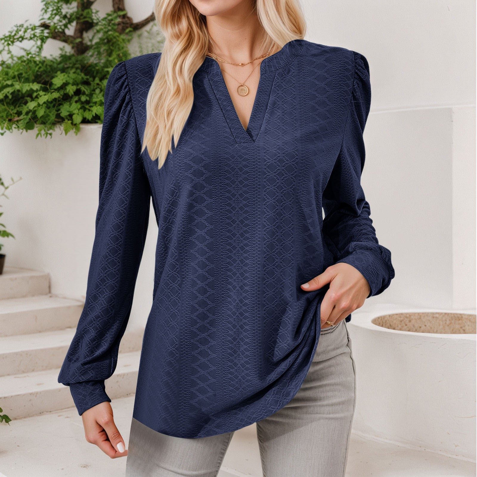 thumbnail image 2 of Top de manga larga con cuello en V y tejido jacquard para mujer - Camiseta holgada de color liso, 2 of 6